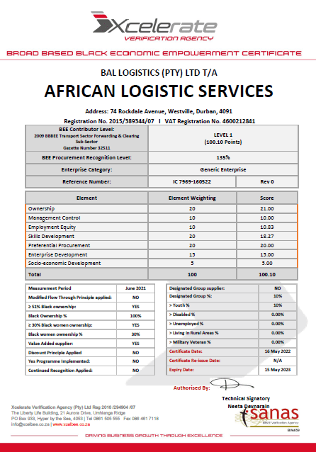 B-BBEE – AFRICAN LOGISTIC SERVICES